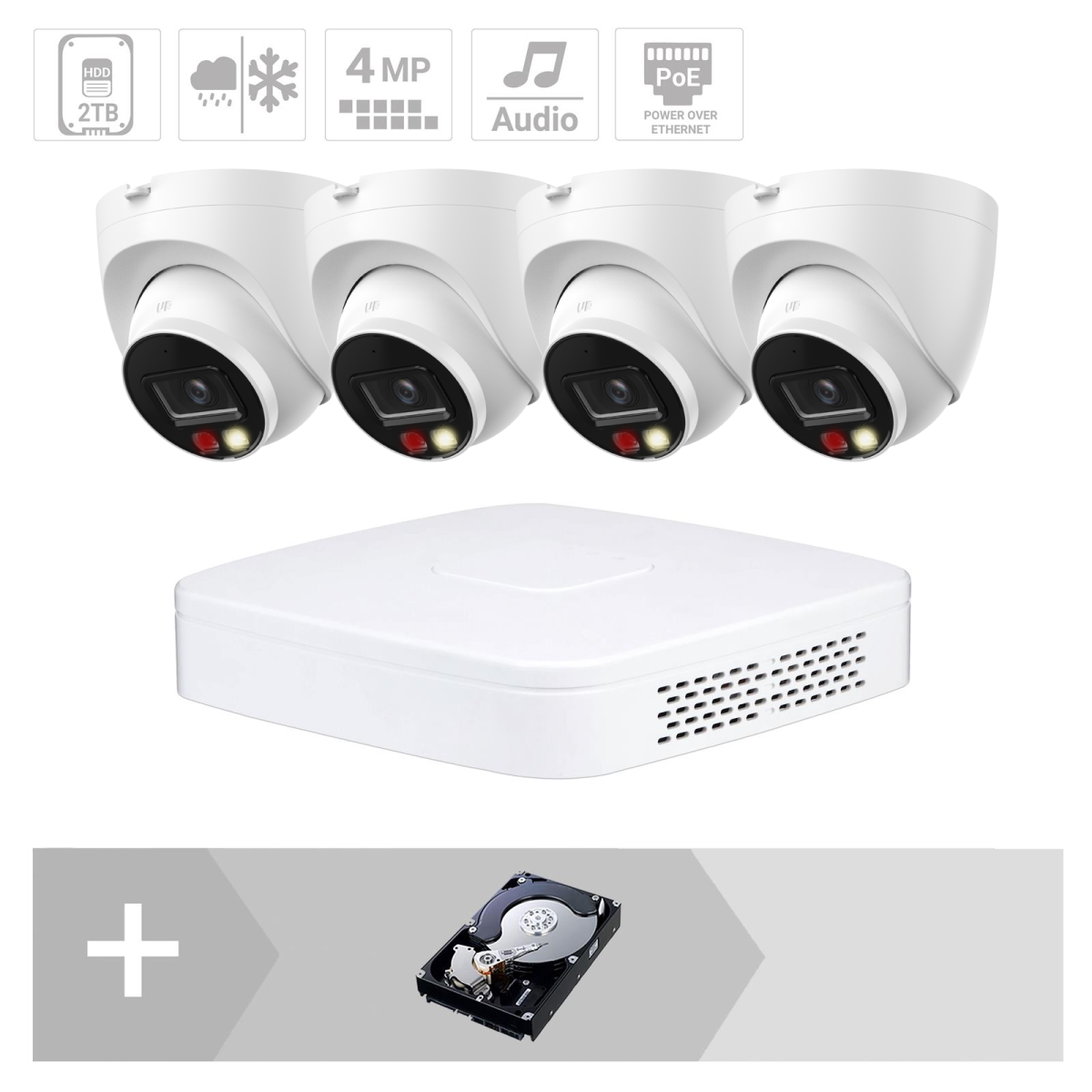 ZUKO IP Dome Kamera Set |  4x4 MP | 2.8 mm | 30m IR | App | Mikrofon | Starlight | IP67 | PoE Set