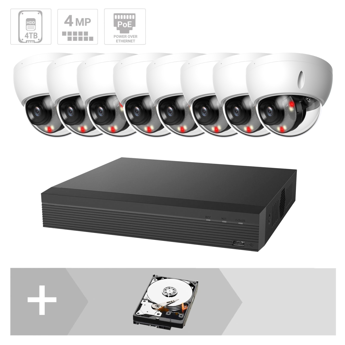 ZUKO IP Dome Kamera Set | 8 x 4 MP | 2.8 mm | 30m IR | App | Starlight | Maskierung | PoE Set