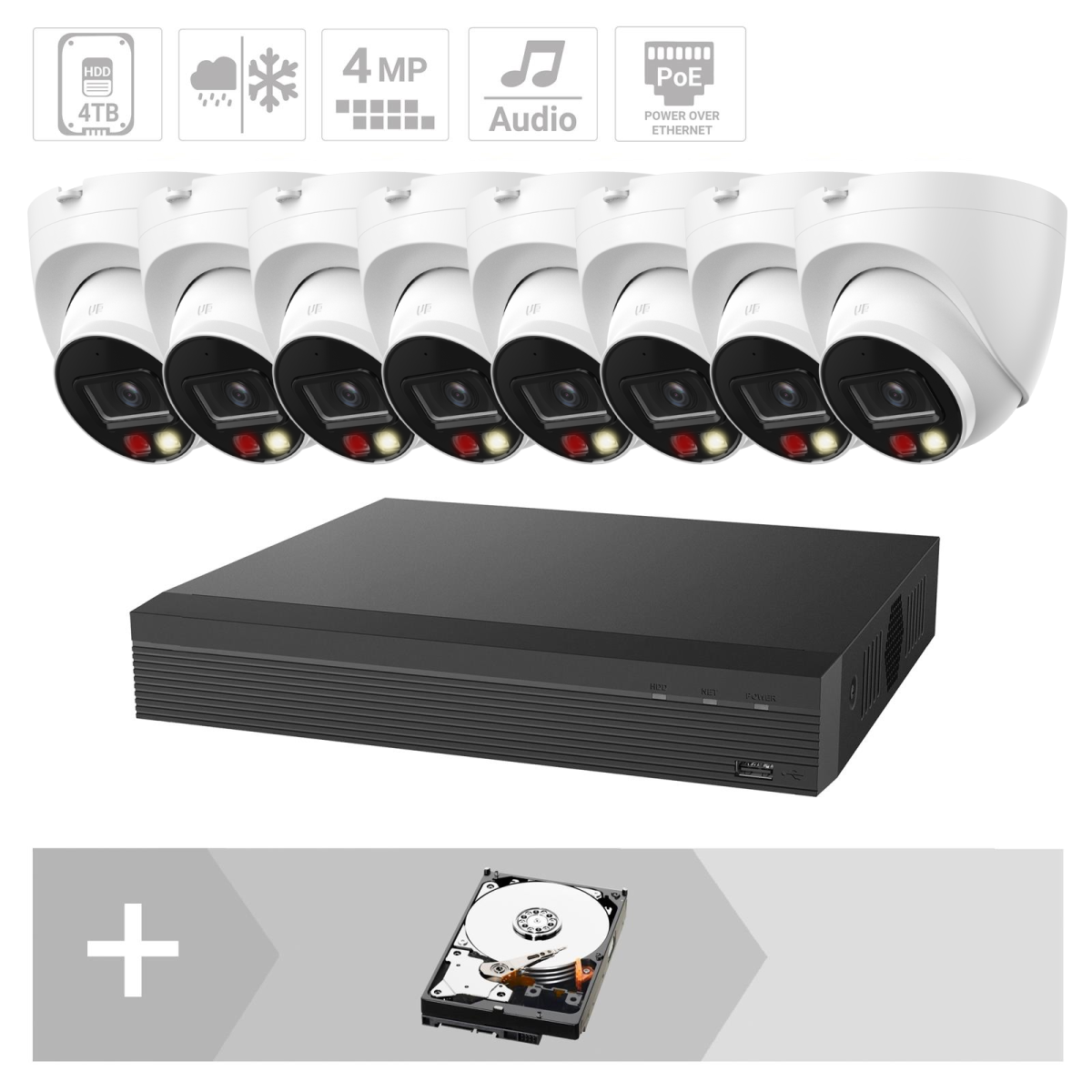 ZUKO IP Dome Kamera Set | 8x4 MP | 2.8 mm | 30m IR | App | Mikrofon | Starlight | IP67 | PoE Set